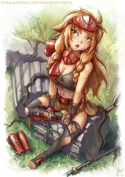 Rule 34 | 1girl, armor, barefoot, black leggings, blush, braid, braided bangs, breasts, cleavage, column, crop top, feet, freckles, grass, holding, holding own foot, leather, leggings, les chevaucheurs, long hair, marble (stone), maxa&#039;, medium breasts, messy hair, orange hair, patreon username, phenice walholl, pillar, plant, polearm, red armor, removing armor, roots, ruins, scar, soles, solo, spear, toes, undressing, vines, weapon, white background, yellow eyes