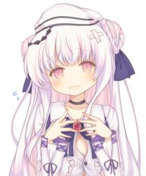 Rule 34 | 1girl, :d, azur lane, beret, black choker, blue bow, blush, bow, choker, collarbone, collared dress, commentary request, crossed bandaids, cygnet (azur lane), cygnet (retrofit) (azur lane), double bun, dress, fingers together, flying sweatdrops, hair bow, hair bun, hair ornament, hands up, hat, head tilt, long hair, long sleeves, open mouth, pink eyes, sakurato ototo shizuku, side bun, simple background, smile, solo, upper body, very long hair, white background, white dress, white hair, white hat