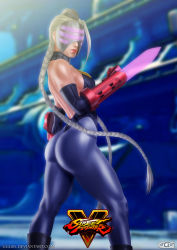 Rule 34 | 1girl, absurdres, ahoge, alternate costume, arm blade, ass, backless outfit, bare shoulders, blue pantyhose, boots, braid, breasts, capcom, cowboy shot, decapre, detached sleeves, energy blade, fingerless gloves, ggg (gonzalogallianoniz), gloves, halterneck, highres, huge ahoge, leotard, lips, long hair, mask, medium breasts, necktie, pantyhose, ribbed leotard, sideboob, silver hair, solo, street fighter, street fighter v, striped, thong leotard, toned, twin braids, vertical stripes, very long hair, weapon