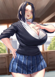 Rule 34 | 1girl, absurdres, black hair, black sweater, blonde hair, blue skirt, blush, breasts, bush, ceiling, cleavage, colored inner hair, commentary request, hand on own chest, hand on own hip, highres, huge breasts, looking at viewer, multicolored hair, namazu (yamasonson), original, plaid, plaid skirt, pleated skirt, school uniform, shirt, skirt, sleeves rolled up, solo, standing, sweater, tongue, tongue out, two-tone hair, white shirt