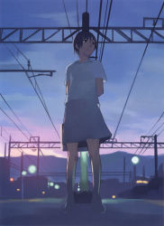 Rule 34 | 1girl, black hair, hand on back, highres, looking away, mountain, non-web source, overhead line, power lines, short hair, sky, solo, takamichi, train, train station, twilight