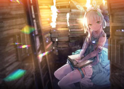 Rule 34 | atelier (series), atelier sophie, atelier sophie 2, book, book stack, dress, frills, gloves, green eyes, hair ornament, hair rings, holding, holding book, jewelry, long hair, official art, open book, plachta, solo, sunlight, white gloves, yuugen