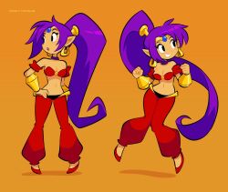 Rule 34 | 1girl, :o, black eyes, breasts, cleavage, clenched hand, commentary, english commentary, eyelashes, full body, hand on own hip, harem outfit, high ponytail, highres, jumping, knees together feet apart, long hair, medium breasts, multiple views, navel, open mouth, orange background, purple hair, red footwear, shadow, shantae, shantae (series), simple background, smile, standing, teeth, tiara, very long hair, vinny (dingitydingus)