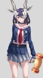 Rule 34 | 1girl, absurdres, animal ears, antelope ears, antelope horns, belt, black belt, black hair, blackbuck (kemono friends), blue choker, blue jacket, blue skirt, casual, choker, commentary, cowboy shot, extra ears, frilled shirt collar, frills, gradient skirt, grey background, hair over one eye, hammer, highres, horns, jacket, kemono friends, kemono friends 3, long sleeves, multicolored hair, necktie, official alternate costume, one eye covered, open clothes, open jacket, pink shirt, pleated skirt, red eyes, red necktie, sailor collar, shirt, short hair, simple background, skirt, solo, tail, tanabe (fueisei), two-tone hair, two-tone skirt, white hair, white skirt