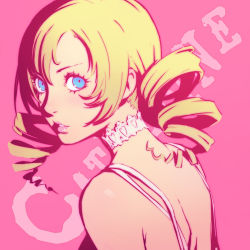 Rule 34 | 1girl, bare shoulders, blonde hair, blue eyes, catherine, catherine (game), character name, collar, copyright name, drill hair, flat color, ilya kuvshinov, lips, long hair, looking at viewer, looking back, solo, twin drills