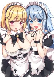 Rule 34 | 2girls, :d, apron, black bow, black bowtie, black dress, black ribbon, blonde hair, blue eyes, blue hair, blush, bow, bowtie, breasts, cleavage, commentary request, cowboy shot, cross-laced clothes, detached collar, dress, frilled apron, frills, hand on own chest, hand up, highres, large breasts, long hair, looking at viewer, maid, maid apron, maid headdress, multiple girls, neck ribbon, open mouth, original, puffy short sleeves, puffy sleeves, red eyes, ribbon, short hair, short sleeves, simple background, smile, standing, takapii, underbust, v, waist apron, white apron, white background, wrist cuffs