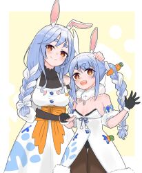 Rule 34 | 2girls, animal ear fluff, animal ears, black bodysuit, black gloves, black leotard, black pantyhose, blue hair, blush, bodysuit, braid, braided ponytail, breasts, carrot hair ornament, don-chan (usada pekora), dress, food-themed hair ornament, fur-trimmed dress, fur-trimmed gloves, fur trim, gloves, hair ornament, hand on another&#039;s head, highres, hololive, large breasts, leotard, leotard under clothes, long hair, looking at viewer, mature female, medium breasts, mother and daughter, multicolored hair, multiple girls, open mouth, pantyhose, pekomama, rabbit ears, rabbit girl, red eyes, short eyebrows, smile, streaked hair, teeth, twin braids, upper teeth only, usada pekora, usada pekora (1st costume), virtual youtuber, waneyeye, white dress, white hair