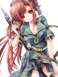 Rule 34 | 1girl, assault rifle, belt, bike shorts, blush, breasts, brown hair, bullpup, cleavage, gun, hat, highres, long hair, looking at viewer, monety, original, red eyes, rifle, smile, solo, strap, thigh strap, weapon
