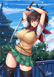 Rule 34 | 1girl, adsouto, asuka (senran kagura), bandages, black hair, blush, breasts, brown eyes, brown hair, dress, dual wielding, green dress, hair ribbon, highres, holding, holding sword, holding weapon, large breasts, long hair, looking at viewer, necktie, open mouth, plaid, plaid dress, ponytail, red scarf, ribbon, scarf, senran kagura, shirt, short hair, skirt, smile, sweater vest, sword, thighhighs, vest, weapon, white ribbon, white shirt