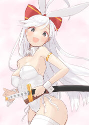 Rule 34 | 1girl, :d, ahoge, animal ears, bare shoulders, bow, bowtie, breasts, cleavage, collar, commentary request, detached collar, grey eyes, hair bow, head tilt, holding, holding sheath, katana, leotard, looking at viewer, medium breasts, open mouth, original, rabbit ears, red bow, sheath, sheathed, smile, solo, strapless, strapless leotard, striped, striped bow, swept bangs, sword, tetsukuzu (yajirushi shita), thighhighs, weapon, white bow, white bowtie, white collar, white hair, white leotard, white thighhighs, wing collar, wrist cuffs
