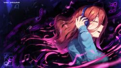 Rule 34 | 1girl, artist logo, artist name, blue sweater, breasts, closed eyes, commission, go-toubun no hanayome, hair between eyes, hand on headphones, headphones, highres, knightfang, large breasts, long hair, musical note, nakano miku, parted lips, red hair, solo, sweater, treble clef, twitter username, upper body
