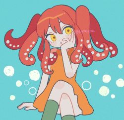 Rule 34 | 1girl, :o, arm support, bare arms, blue background, crossed legs, dress, emma (kumaema), green socks, hand on own cheek, hand on own face, invisible chair, kneehighs, orange dress, original, red hair, sitting, sleeveless, sleeveless dress, socks, solo, tentacle hair, twitter username, yellow eyes
