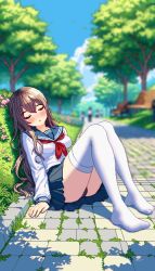 Rule 34 | 1girl, arms at sides, ass, bench, black panties, blue sailor collar, blue skirt, blurry, blurry background, blush, breasts, brown hair, closed eyes, cloud, commentary, cumulonimbus cloud, cy h, day, depth of field, dress shirt, flower, foliage, full body, grass, hair between eyes, hand on ground, highres, hill, knees up, long hair, long sleeves, medium breasts, neckerchief, no shoes, on ground, original, outdoors, panties, pantyshot, park, park bench, parted lips, people, pink flower, pixel art, pleated skirt, red neckerchief, sailor collar, school uniform, serafuku, shadow, shirt, sitting, skirt, sky, sleeping, solo focus, stone floor, thighhighs, tree, underwear, very long hair, white shirt, white thighhighs