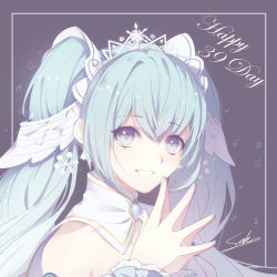 Rule 34 | 39, amulet, aqua eyes, aqua hair, aqua nails, bare shoulders, beamed eighth notes, cape, commentary, detached sleeves, diamond (shape), eighth note, english text, fingers together, frilled sleeves, frills, from side, grin, hair ornament, hatsune miku, highres, kicchan, long hair, looking at viewer, musical note, musical note print, nail polish, portrait, signature, smile, snowflake hair ornament, staff (music), steepled fingers, tiara, twintails, very long hair, vocaloid, yuki miku, yuki miku (2019)