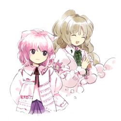 Rule 34 | 2girls, black eyes, blonde hair, character request, closed eyes, closed mouth, collared shirt, commentary request, copyright request, flat chest, flower, green shirt, jacket, kaigen 1025, long hair, medium hair, multiple girls, no nose, open clothes, open jacket, open mouth, pink flower, pink hair, purple skirt, shirt, simple background, skirt, white background, white jacket, white shirt