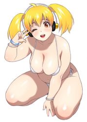 Rule 34 | 1girl, bad id, bad twitter id, bikini, blonde hair, blush, breasts, cleavage, full body, headphones, huge breasts, jinroku, kneeling, large breasts, leaning forward, looking at viewer, navel, nitroplus, one eye closed, open mouth, orange eyes, plump, short hair, smile, solo, super pochaco, swimsuit, thick arms, thick thighs, thighs, twintails, v over eye, white bikini