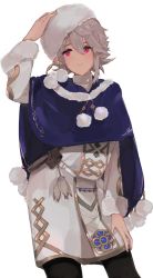 Rule 34 | adjusting clothes, adjusting headwear, bad id, bad pixiv id, blonde hair, capelet, corrin (fire emblem), corrin (male) (fire emblem), cowboy shot, crossdressing, fire emblem, fire emblem fates, fur trim, hat, highres, looking up, nintendo, pointy ears, red eyes, simple background, smile, translation request, trap, w (1999 kyu), white background