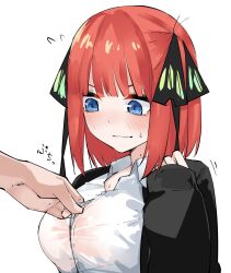 Rule 34 | 1girl, 1other, :|, @ @, black jacket, black ribbon, blue eyes, blunt bangs, blush, breasts, butterfly hair ornament, closed mouth, commentary, dress shirt, embarrassed, eyebrows hidden by hair, flying sweatdrops, go-toubun no hanayome, hair ornament, hair ribbon, hand up, highres, jacket, large breasts, looking down, mame1645, medium hair, nakano nino, nervous, open clothes, open jacket, red eyes, ribbon, shirt, shy, simple background, sleeves past wrists, solo focus, sound effects, straight hair, sweat, translated, two side up, undressing another, upper body, v-shaped eyebrows, wavy mouth, white background, white shirt