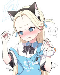 Rule 34 | 1girl, @ @, angel&#039;s 24 uniform (blue archive), animal ears, apron, blonde hair, blue archive, blue eyes, blush, cat, cat ears, embarrassed, fake animal ears, halo, hands up, kanya pyi, long hair, looking to the side, parted lips, solo, sora (blue archive), store clerk, sweat, wavy mouth
