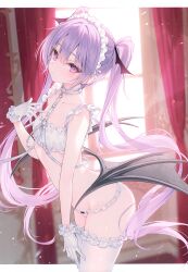 Rule 34 | 1girl, buckle, curtains, day, flat chest, gloves, long hair, o-ring, original, purple eyes, purple hair, red curtains, rurudo, sunlight, thighhighs, twintails, white gloves, white thighhighs, wings
