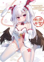 Rule 34 | 1girl, animal ears, black wings, blush, breasts, cameltoe, carrot hair ornament, cleavage, collar, detached collar, feathered wings, food-themed hair ornament, frontal wedgie, hair ornament, hairclip, highres, hiyada yuu, leotard, leotard tug, long hair, looking at viewer, low wings, original, partially visible vulva, rabbit ears, rabbit girl, red eyes, sitting, small breasts, solo, thighhighs, thighs, two side up, wariza, wedgie, white collar, white hair, white leotard, white thighhighs, wings
