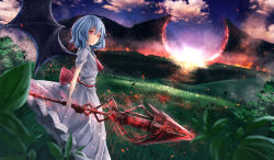 Rule 34 | 1girl, :o, ascot, bat wings, blue hair, blurry, depth of field, dress, fire, from side, grasslands, highres, hill, holding, holding weapon, looking at viewer, looking to the side, no headwear, no headwear, puffy short sleeves, puffy sleeves, red eyes, remilia scarlet, sash, short hair, short sleeves, sinkai, solo, spear the gungnir, sunrise, touhou, weapon, white dress, wings