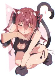 Rule 34 | 1girl, absurdres, all fours, animal ears, animal hands, arm support, black bra, black panties, blush, bra, breasts, cat cutout, cat ears, cat lingerie, cat tail, cleavage, cleavage cutout, clothing cutout, full body, gloves, hair between eyes, hair ribbon, half-closed eyes, highres, hololive, houshou marine, koubou (cowbow kun), long hair, meme attire, panties, parted lips, paw gloves, paw shoes, red hair, red ribbon, ribbon, solo focus, tail, tail raised, twintails, underwear, underwear only, virtual youtuber