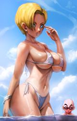 Rule 34 | 1boy, 1girl, absurdres, android 18, ass, asymmetrical bangs, bald, bangle, beach, bikini, blonde hair, blue eyes, blue sky, blush, bracelet, breasts, cleavage, cloud, covered erect nipples, cowboy shot, curvy, day, dragon ball, dragonball z, earrings, elite nappa, facial mark, forehead mark, goggles, highres, husband and wife, jewelry, kuririn, legs together, linea alba, looking at another, mature female, micro bikini, navel, no nose, ocean, official alternate hairstyle, outdoors, partially submerged, revealing clothes, short hair, side-tie bikini bottom, sky, stud earrings, sunglasses, swimsuit, wading, wet, white bikini