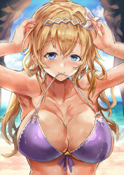 Rule 34 | 1girl, armpits, arms up, beach, bikini, bikini top only, blonde hair, blue eyes, blush, breasts, cleavage, commentary request, day, granblue fantasy, hairband, himuro shunsuke, jeanne d&#039;arc (granblue fantasy), large breasts, long hair, looking at viewer, mouth hold, ocean, purple bikini, smile, solo, swimsuit, upper body