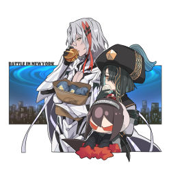 Rule 34 | 1boy, 1girl, absurdres, armor, black gloves, black hair, body armor, breasts, burger, cape, chinese clothes, cleavage cutout, clothing cutout, commentary, doll, dumpling, eating, fate/grand order, fate (series), feet out of frame, food, gloves, hair between eyes, hair ornament, hair over one eye, hair stick, hat, highres, holding, holding doll, holding food, long hair, long sleeves, looking away, medium hair, mole, mole under eye, multicolored hair, new york, odysseus (fate), official alternate costume, pectorals, red hair, small breasts, space xu fu (fate), straight hair, streaked hair, text background, tia (cocorosso), two-tone hair, white hair, xu fu (fate), yellow eyes, yu mei-ren (fate)