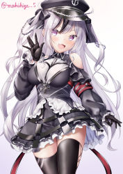 Rule 34 | 1girl, absurdres, artist name, azur lane, bare shoulders, black dress, black gloves, black hair, black thighhighs, breasts, cross, dress, elbe (azur lane), fang, gloves, gradient background, highres, iron cross, light purple hair, long hair, makihige, medium breasts, multicolored hair, open mouth, puffy sleeves, purple eyes, simple background, skin fang, solo, standing, streaked hair, thighhighs, two-tone dress, two-tone hair, very long hair, zettai ryouiki