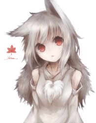 Rule 34 | 1girl, alternate hair length, alternate hairstyle, animal ears, bad id, bad nicoseiga id, bare shoulders, detached sleeves, english text, head tilt, highres, inubashiri momiji, leaf, long hair, long sleeves, looking at viewer, maple leaf, no headwear, no headwear, open mouth, red eyes, shirt, silver hair, simple background, solo, text focus, touhou, upper body, white background, wolf ears, yuxyon