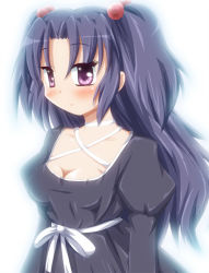 Rule 34 | 00s, 1girl, blue hair, breasts, clannad, cleavage, dress, hair bobbles, hair ornament, ichinose kotomi, long hair, medium breasts, purple eyes, shishinon, solo, twintails, two side up