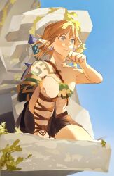 Rule 34 | 1boy, black shorts, blonde hair, blue eyes, body markings, collarbone, commentary, ear piercing, english commentary, gladiator sandals, gura (guragrass), highres, holding, holding sword, holding weapon, knee up, kneeling, link, looking afar, male focus, master sword, mixed-language commentary, nintendo, open mouth, outdoors, piercing, pointy ears, rock, sandals, shorts, sky, solo, sword, the legend of zelda, the legend of zelda: tears of the kingdom, topless male, weapon
