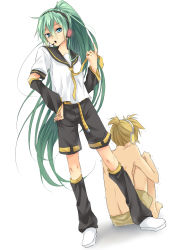 Rule 34 | 1boy, 1girl, alternate hairstyle, aqua eyes, aqua hair, bad id, belt, blonde hair, cosplay, full body, gradient background, green hair, hand on own hip, hatsune miku, headset, highres, hip focus, kagamine len, kagamine len (cosplay), long hair, maruki (punchiki), necktie, open mouth, ponytail, shorts, simple background, sitting, solo, trembling, very long hair, vocaloid, white background