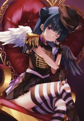 Rule 34 | 1girl, ;), artist name, artist request, asymmetrical wings, band uniform, belt, black footwear, black gloves, black hat, black nail polish, black nails, black shirt, black skirt, black thighhighs, black wings, blue hair, blunt bangs, blush, boots, breasts, chain, collared shirt, crossed legs, epaulettes, female focus, fingerless gloves, frilled sleeves, frills, gloves, hair bun, hat, head tilt, high heel boots, high heels, highres, in the unstabe world, in the unstabe world (love live!), long hair, looking at viewer, love live!, love live! school idol festival, love live! sunshine!!, mini hat, miniskirt, mismatched wings, nail, nail polish, on chair, one eye closed, parted lips, pink eyes, plaid, plaid skirt, pleated, pleated skirt, purple background, purple eyes, purple skirt, shirt, short sleeves, shoulder pads, side bun, single hair bun, single side bun, sitting, skirt, small breasts, smile, solo, striped clothes, striped thighhighs, thighhighs, thighs, tsushima yoshiko, white belt, white thighhighs, white wings, wings