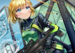 Rule 34 | 1girl, absurdres, blonde hair, blue eyes, bodysuit, breasts, bullet, cosplay, green bodysuit, gun, hair ornament, highres, holding, holding gun, holding weapon, hololive, hololive english, knife, medium breasts, parted lips, rifle, short hair, sniper rifle, solo, upper body, valorant, viper (valorant), viper (valorant) (cosplay), virtual youtuber, volar uwu, watson amelia, weapon, wind