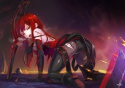 Rule 34 | 1girl, all fours, ass, blood, breath, defeat, elbow gloves, elesis (elsword), elsword, elsword crimson avenger, gloves, heavy breathing, injury, long hair, one eye closed, pussy, red hair, solo, sword, thighhighs, weapon, wince, yellow eyes