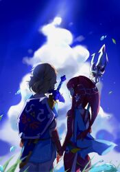 Rule 34 | 1boy, 1girl, backlighting, blonde hair, blue shirt, blue sky, chromatic aberration, cloud, colored skin, couple, cowboy shot, day, facing away, fins, fish girl, fish tail, from behind, grass, hair tie, head tail, hetero, highres, holding hands, hylian shield, interspecies, jewelry, layered sleeves, link, long sleeves, looking at another, looking to the side, master sword, mipha, monster girl, multicolored skin, neck ring, nintendo, outdoors, pants, pointy ears, polearm, profile, red skin, sheath, sheathed, shield, shield on back, shirt, short hair, short over long sleeves, short sleeves, sky, standing, tail, the legend of zelda, the legend of zelda: breath of the wild, trident, tuki 0427, two-tone skin, vambraces, water, weapon, weapon on back, white pants, white skin, wind, yellow eyes, zora