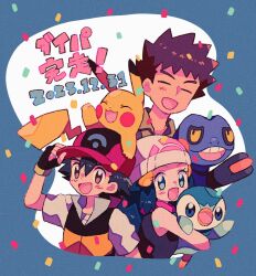 Rule 34 | adjusting clothes, adjusting headwear, animal, animal on head, ash ketchum, baseball cap, beanie, bird, black gloves, black hair, black shirt, blue background, blue hair, blush stickers, brock (pokemon), brown eyes, brown hair, closed eyes, collared shirt, colored sclera, commentary, confetti, creatures (company), croagunk, dated, dawn (pokemon), fingerless gloves, frog, game freak, gen 1 pokemon, gen 4 pokemon, gloves, green shirt, hair ornament, hand up, happy, hat, high collar, highres, holding, holding animal, holding pokemon, mgomurainu, multicolored clothes, multicolored headwear, nintendo, on head, open mouth, penguin, pikachu, pink scarf, piplup, pokemon, pokemon (anime), pokemon (creature), pokemon dppt (anime), pokemon on head, scarf, shirt, short hair, short sleeves, sidelocks, sleeveless, sleeveless shirt, smile, spiked hair, standing, teeth, translation request, upper teeth only, waving, white headwear, white shirt, yellow sclera