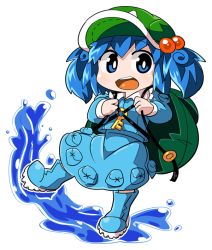 Rule 34 | 1girl, backpack, bag, blue eyes, blue hair, boots, byourou, chibi, full body, hair bobbles, hair ornament, hat, kawashiro nitori, key, matching hair/eyes, open mouth, rubber boots, short hair, simple background, solo, splashing, touhou, twintails, two side up, water, white background