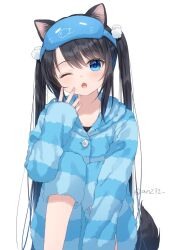 Rule 34 | 1girl, ;o, animal ears, anz32, black hair, blue eyes, blue jacket, blue pants, collarbone, commentary request, dog ears, dog girl, dog tail, hand up, head tilt, hood, hood down, hooded jacket, jacket, long sleeves, looking at viewer, mask, mask on head, nail polish, one eye closed, open mouth, original, pants, pink nails, revision, simple background, sleep mask, sleeves past wrists, solo, striped clothes, striped jacket, striped pants, tail, tears, twintails, twitter username, white background, yawning