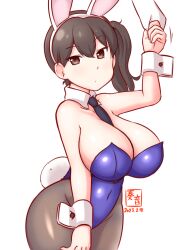 Rule 34 | 1girl, animal ears, artist logo, between breasts, black necktie, blue leotard, bow, bowtie, breasts, brown eyes, brown hair, covered navel, detached collar, fake animal ears, hair between eyes, kaga (kancolle), kanon (kurogane knights), kantai collection, large breasts, leotard, necktie, necktie between breasts, one-hour drawing challenge, pantyhose, playboy bunny, rabbit ears, rabbit tail, short sidetail, side ponytail, strapless, strapless leotard, tail, wrist cuffs