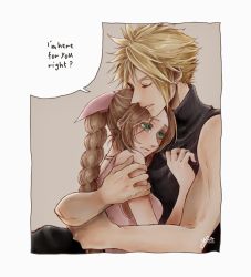 Rule 34 | 1boy, 1girl, aerith gainsborough, hug, bare arms, blonde hair, braid, brown background, brown hair, closed eyes, cloud strife, couple, crying, dress, earrings, english text, final fantasy, final fantasy vii, final fantasy vii remake, green eyes, grey background, hair ribbon, hand on another&#039;s chest, hetero, highres, jewelry, necklace, parted bangs, parted lips, pink dress, pink ribbon, ribbon, single earring, sleeveless, sleeveless turtleneck, spiked hair, tears, turtleneck, upper body, yco 030601