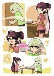 Rule 34 | + +, 2girls, ankle boots, arms behind back, back-to-back, bed, black footwear, black hair, blue shorts, boots, callie (splatoon), casual, cellphone, comic, cousins, detached collar, earrings, eating, english text, food, food on head, gloves, gomipomi, green legwear, green shirt, grey hair, holding, holding phone, indoors, inkling, inkling player character, jewelry, layered clothes, layered sleeves, long hair, long sleeves, marie (splatoon), mask, mole, mole under eye, multiple girls, night, night sky, nintendo, object on head, phone, pointy ears, purple shirt, purple shorts, shirt, short hair, short jumpsuit, short over long sleeves, short sleeves, shorts, silent comic, sitting, sky, smartphone, standing, sushi, t-shirt, tentacle hair, white gloves