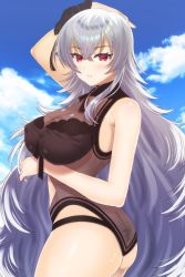 Rule 34 | 1girl, arm up, ass, azur lane, bad id, bad pixiv id, bare arms, bare shoulders, black flower, black rose, blue sky, blush, breasts, brown one-piece swimsuit, casual one-piece swimsuit, cleavage, cloud, commentary request, covered erect nipples, day, fingernails, flower, graf zeppelin (azur lane), hair between eyes, hair flower, hair ornament, highres, honami (yths4221), large breasts, long hair, looking at viewer, looking to the side, one-piece swimsuit, outdoors, parted lips, red eyes, rose, see-through, silver hair, sky, solo, swimsuit, very long hair
