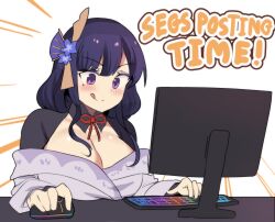 Rule 34 | 1girl, :q, absurdres, blunt bangs, bow, bowtie, breasts, bridal gauntlets, cleavage, commentary, computer, english commentary, english text, genshin impact, hair ornament, highres, hinghoi, huge breasts, japanese clothes, keyboard (computer), long hair, long sleeves, meme, mole, mole under eye, monitor, mouse (computer), purple eyes, purple hair, raiden shogun, red bow, red bowtie, rgb lights, seggs (meme), sidelocks, simple background, solo, tongue, tongue out, wide sleeves