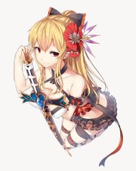 Rule 34 | 10s, 1girl, bare arms, bare shoulders, blonde hair, bow, breast hold, breasts, cleavage, criss-cross halter, female focus, flower, frilled skirt, frills, granblue fantasy, hair flower, hair ornament, halterneck, hibiscus, highres, holding, holding sword, holding weapon, large breasts, long hair, looking at viewer, microskirt, midriff, neck, orihi chihiro, ponytail, red eyes, ribbon, sidelocks, simple background, skirt, smile, solo, sword, vira (granblue fantasy), weapon