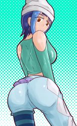 Rule 34 | 10s, 1girl, ahoge, ass, asymmetrical clothes, bare shoulders, belt, blue hair, blue pantyhose, breasts, capri pants, commentary request, crop top, earrings, flipped hair, hat, highres, jewelry, large breasts, lipstick, long sleeves, makeup, mashiro mizuki, midriff, multicolored hair, navel, open mouth, pants, pantyhose, purple lips, red eyes, shirt, short hair, single pantsleg, sleeves past wrists, smile, solo, striped clothes, striped pantyhose, tekkou bondo, tribe cool crew, two-tone hair