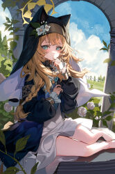 Rule 34 | 1girl, absurdres, akizero1510, animal ear headwear, barefoot, blue archive, blue eyes, blush, braid, closed mouth, coif, day, fake animal ears, flower, habit, halo, hat, hat flower, highres, long hair, long sleeves, looking at viewer, mari (blue archive), nun, orange hair, single braid, smile, solo, white flower, yellow halo